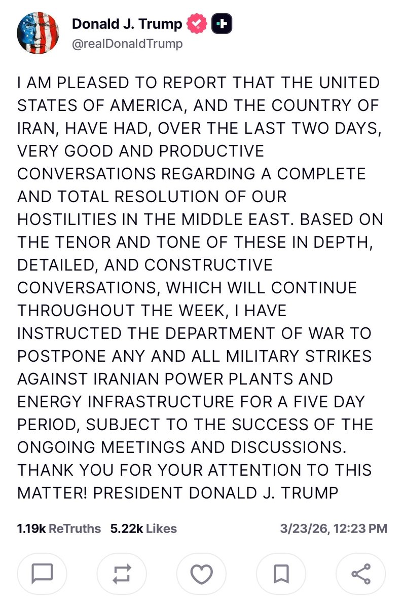 میگه آمریکا و ایران مذاکرات خوبی داشتن، برای حل کامل تنش‌ها و در طول این هفته ادامه میدن.
به همین خاطر حملات به زیرساخت‌های انرژی ایران موقتاً برای ۵ روز متوقف شده، اگر مذاکرات موفق پیش بره.