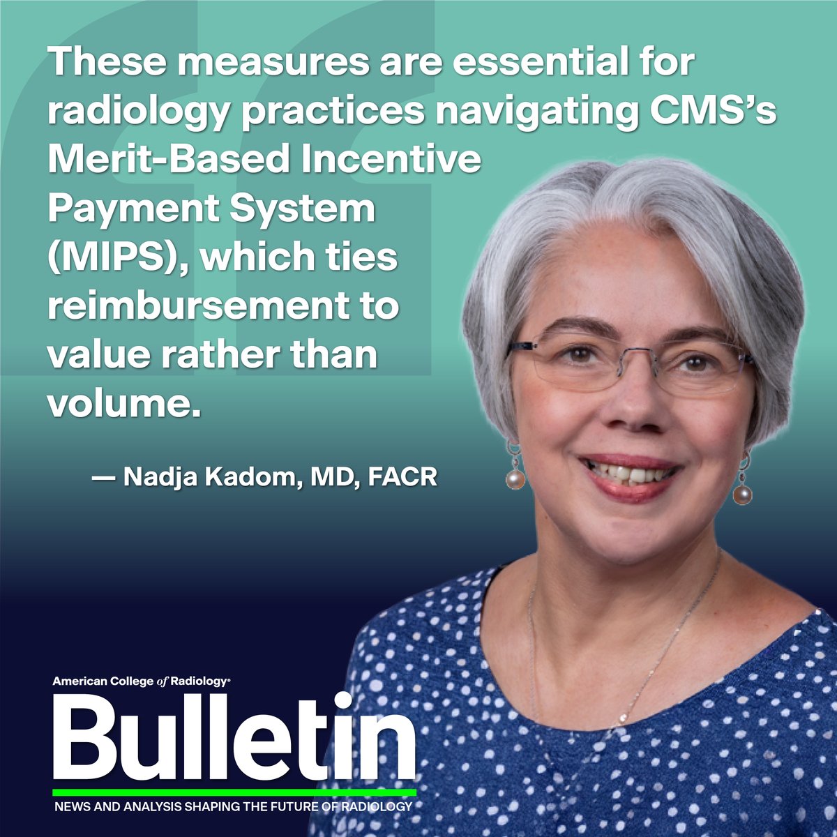 ACRBulletin's tweet photo. The College makes sure that radiology remains vital to value-based care through a variety of efforts. @Nkpiano looks into how @RadiologyACR is keeping radiology in the spotlight in the latest column from the Chair of the Commission on Economics. #ACRBulletin #RadEcon #MIPS #QPP 🔗 https://t.co/pMbdke58PK @GregoryNNicola @LaurenGoldingMD @DSmethermanMD