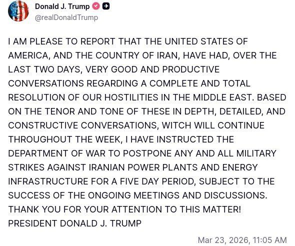 passioncolor's tweet photo. RT @sputnik_jp: 【トランプ大統領はイランの発電所への攻撃を5日延期するよう戦争省に指示した】

トランプ氏は、米国とイランがこの2日間「極めて良好かつ、生産的な交渉」を行ったと発表した。… https://t.co/uBOYqmwIML