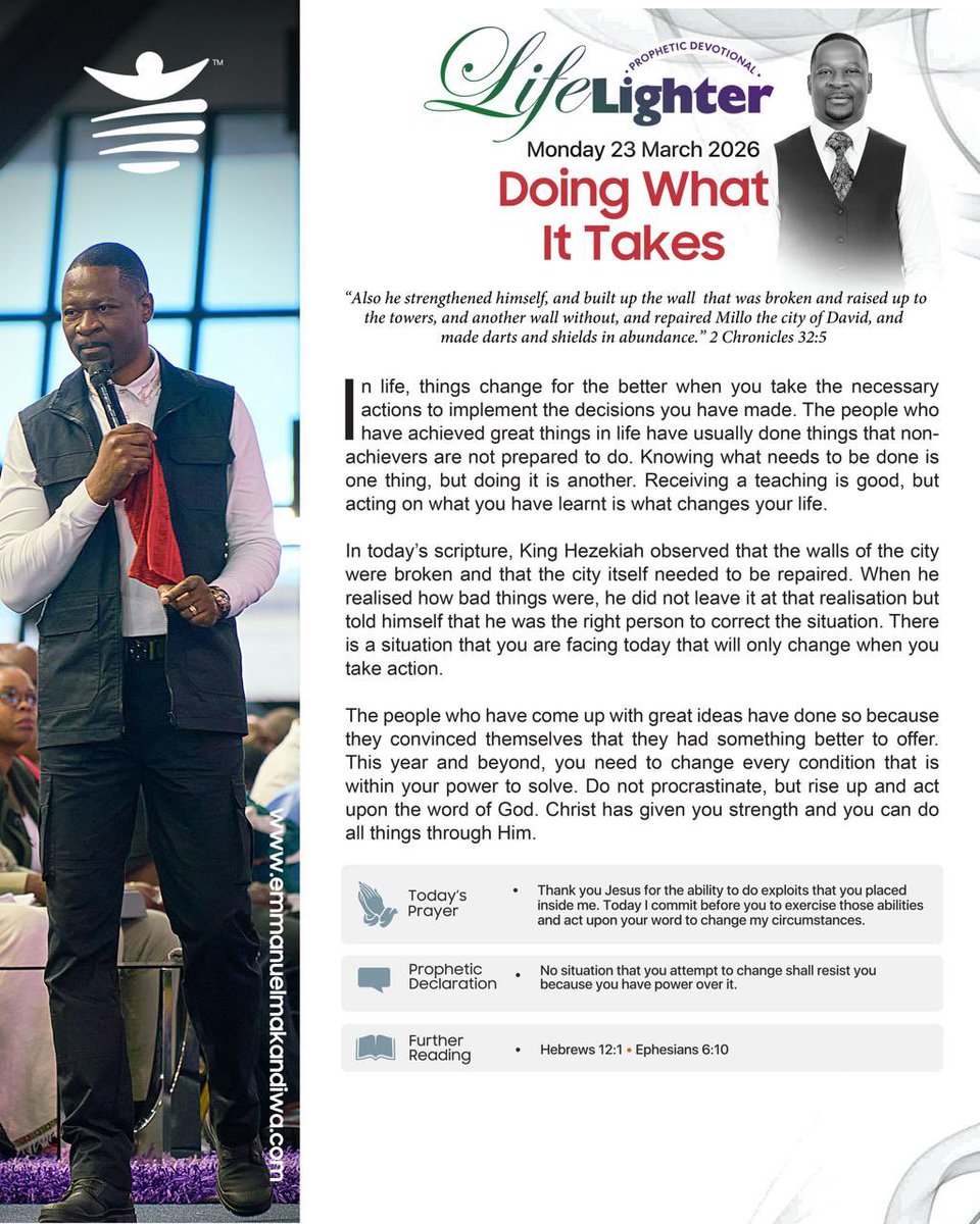 prmakandiwa's tweet photo. Monday 23 March 2026
Doing What It Takes.
#LifeLighter #DailyDevotional #EmmanuelMakandiwa #RuthEmmanuelMakandiwa https://t.co/5vOuZpcwAy