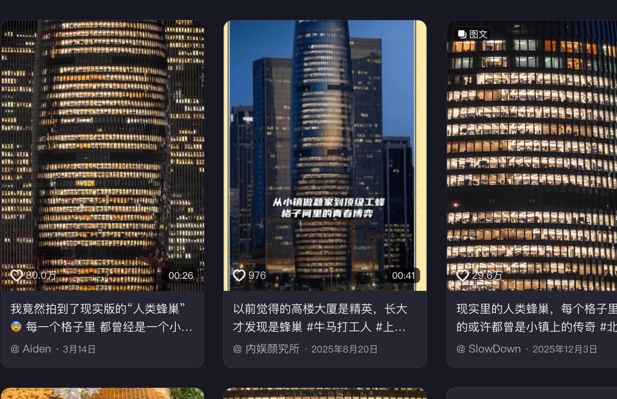 最近抖音爆火的视频-蜂·巢
现实里的人类蜂巢，每个格子里装的都曾是小镇上的传奇 
你天赋异禀，终其一生，最终成为了围剿孙悟空的十万天兵天将之一