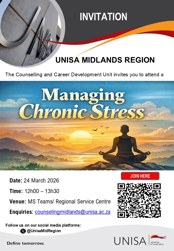 UnisaMidRegion's tweet photo. The Counselling and Career Development Unit will be hosting a student development workshop titled: “Managing Chronic Stress”.

Date- 24 March 2026
Time- 12h00-13h30
Venue-Online
Scan the QR code to join the session. https://t.co/bb5jk0hBJ7