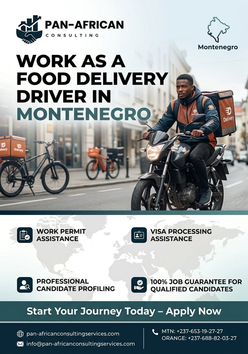 🛵 3. FOOD DELIVERY DRIVER

🛵 WORK AS A DELIVERY DRIVER IN EUROPE 🇲🇪

Turn your riding skills into an international opportunity!

📝 Apply Here:
pan-africanconsultingservices.com/register-with-…

📲 Apply via WhatsApp:
+237 653 19 27 27

#DeliveryJobs #RiderJobs #WorkInEurope #AbroadOpportunities