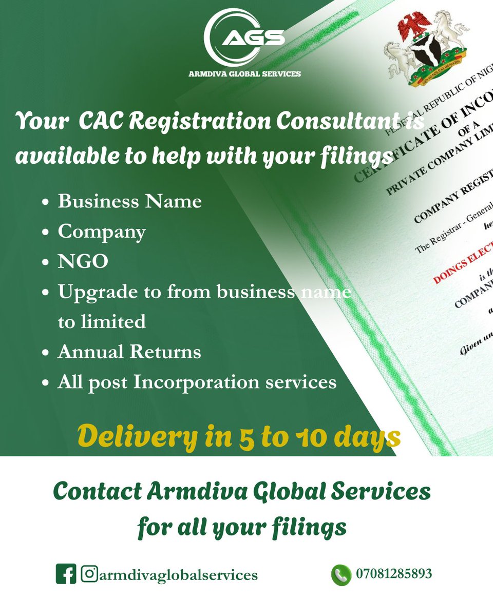 Armdivaa's tweet photo. Happy New week business owners 

Professional recognition begins with proper registration

In many industries today, the difference between being overlooked and being taken seriously often lies in formal recognition.

Clients, institutions, and partners increasingly prefer to deal with businesses that are properly registered and verifiable. It communicates stability, accountability, and readiness for professional engagement.

Operating without registration may seem convenient in the early stages, but as the business grows, formal recognition becomes essential. If your business is yet to complete this step, reaching out now can help initiate the process and ensure your brand is properly recognized.

At Armdiva Global Services,we offer premium CAC Registration services and get you 'Bank Ready '

Let’s get started on your journey to global business success!