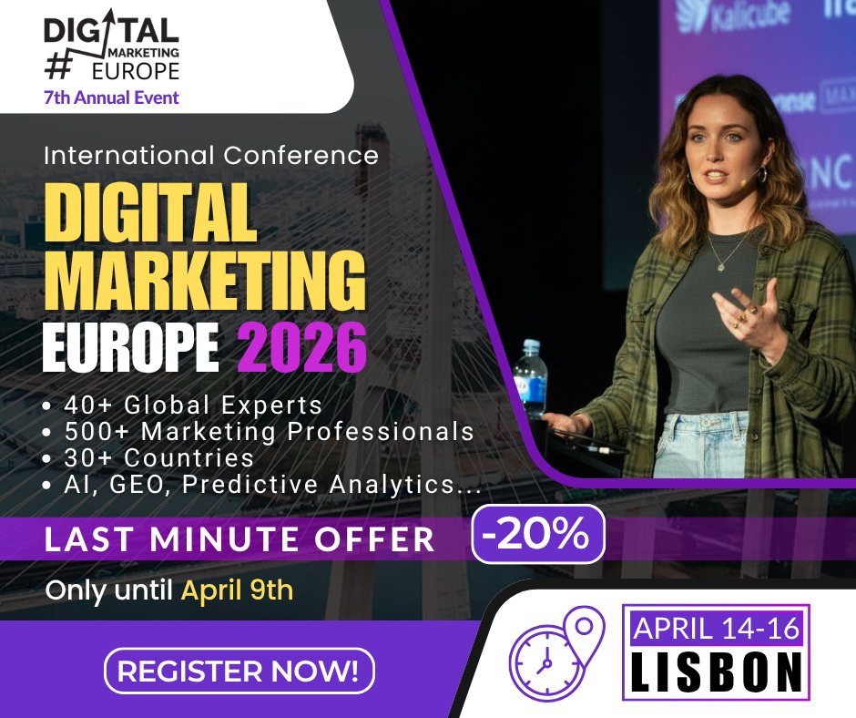 DME_Conference's tweet photo. 🚨 Last chance! Last Minute Stage tickets –20%
Join Digital Marketing Europe 2026 – the 7th annual international conference for marketers, creators &amp; data experts.
⚠️ Secure your –20% Last Minute Stage ticket now
📌 Lisbon, Portugal
📅 April 14–16, 2026
🔗 https://t.co/jbTvstmNo5 https://t.co/7sMwvLFat9
