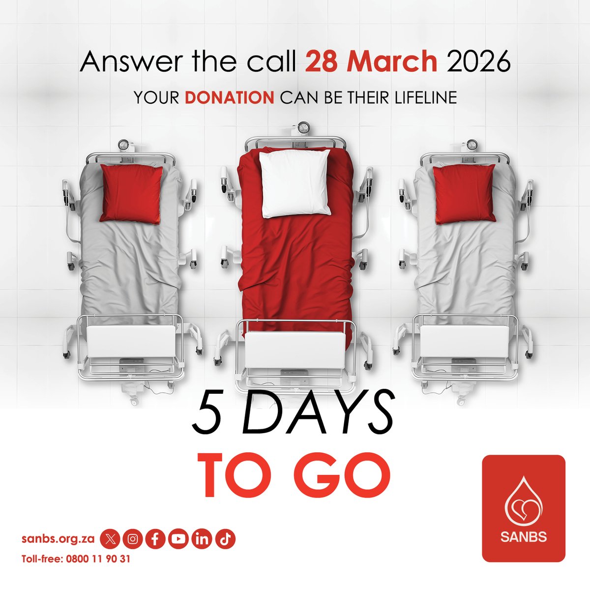 theSANBS's tweet image. In just 5 days, the #AnswerTheCall campaign aims to collect 6,000 units of blood in one day. 

Step up, answer the call, and help save lives.

#BeyondTheTarget #TrustedToSaveLives