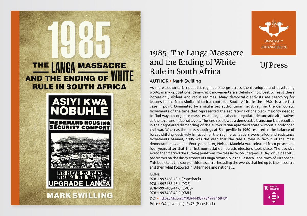 uj_press's tweet photo. Professor Mark Swilling’s new book, 1985: The Langa Massacre, revisits a pivotal moment in South African history. While 1960’s Sharpeville saw the regime tighten its grip, 1985 was the year the tide finally turned.
https://t.co/yMZYZqpAMn
#SouthAfricanHistory #LangaMassacre https://t.co/FiNNIaEntR