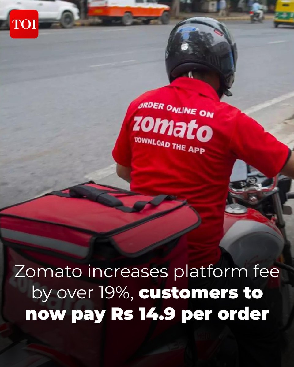 timesofindia's tweet image. Food delivery platform #Zomato has increased its platform fee to Rs 14.9 per order from the previous Rs 12.5. Live on the app, the change marks a hike of about 19.2% per order. Zomato’s platform fee has seen a steep increase from Rs 2 in 2023. 

Know more 🔗
