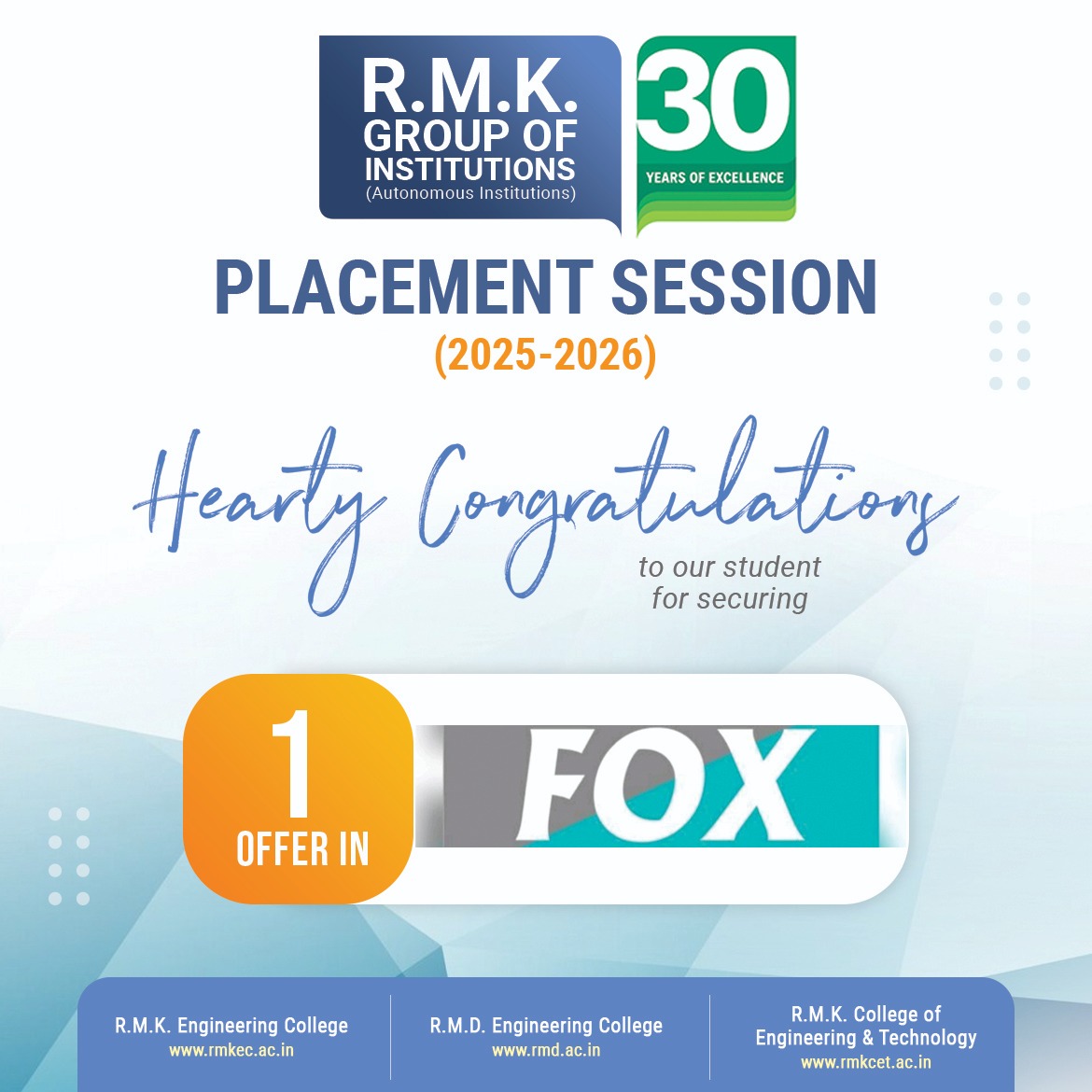rmdecprincipal's tweet image. **Placement Session 2025-2026**

Ms. Fox recruited 1 student from the 2022–2026 batch at the R.M.K. Group of Institutions.

Congratulations to our student for securing this job offer!

#rmdec #rmdengineeringcollege #placement #fox