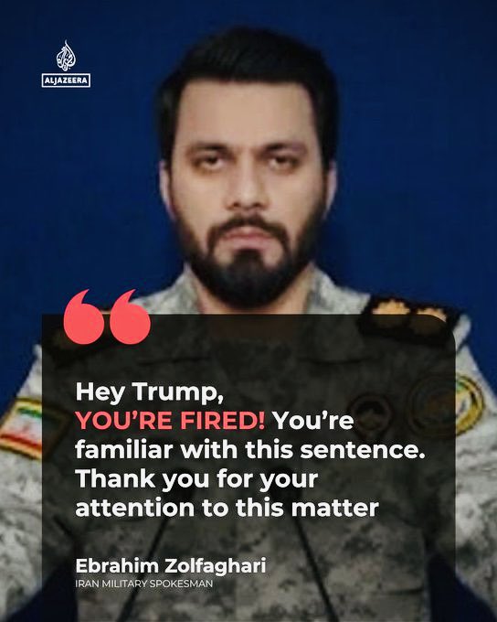 Adams_Unfilterd's tweet photo. Ebrahim Zolfaghari, the spokesperson for Iran’s Khatam al Anbiya central headquarters, has issued a new statement taunting Trump as the US president’s deadline for the full reopening of the Strait of Hormuz draws near. https://t.co/I9QgvJqSsd
