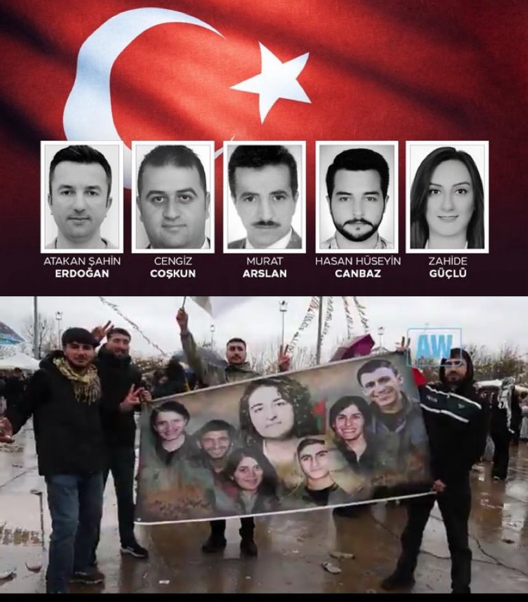 Üstte Tusaş saldırında şehit olan pırlanta gibi 5 Türk evladı…
Altta ise Tusaş saldırısını gerçekleştiren Pkk mensuplarının pankartını açan teröristler…
Alttakiler göz altına alındı mı mesela?
Şu görüntülere dünya üzerinde müsade edecek devlet olacağını sanmıyorum!
Biz hangi