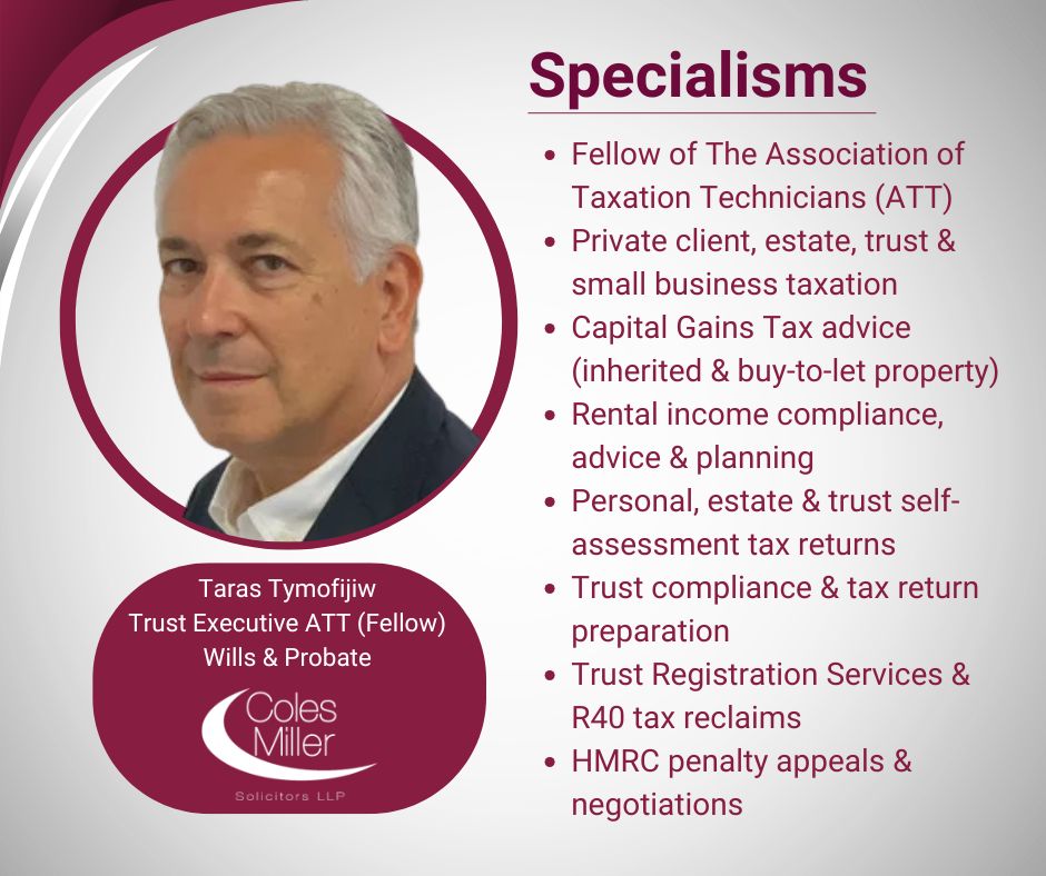 ColesMillerLLP's tweet image. Managing trusts and navigating tax obligations can be complex - but with Trust Executive Taras Tymofijiw, you're in expert hands.

Contact Taras to get specialist guidance today: coles-miller.co.uk/staff-member/t…

#Trusts #TaxPlanning #EstatePlanning #LegalExperts #Dorset #Solicitors