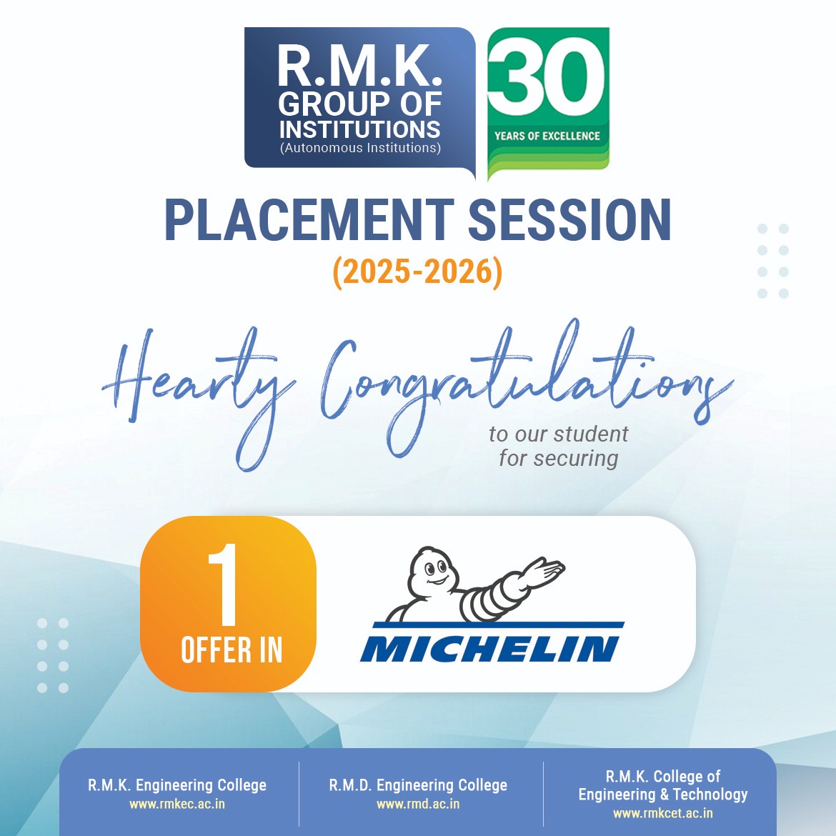 rmdecprincipal's tweet image. **Placement Session 2025-2026**

Ms. Michelin recruited 1 student from the 2022–2026 batch at the R.M.K. Group of Institutions.

Congratulations to our student for securing this job offer!

#rmdec #rmdengineeringcollege #placement #michelin