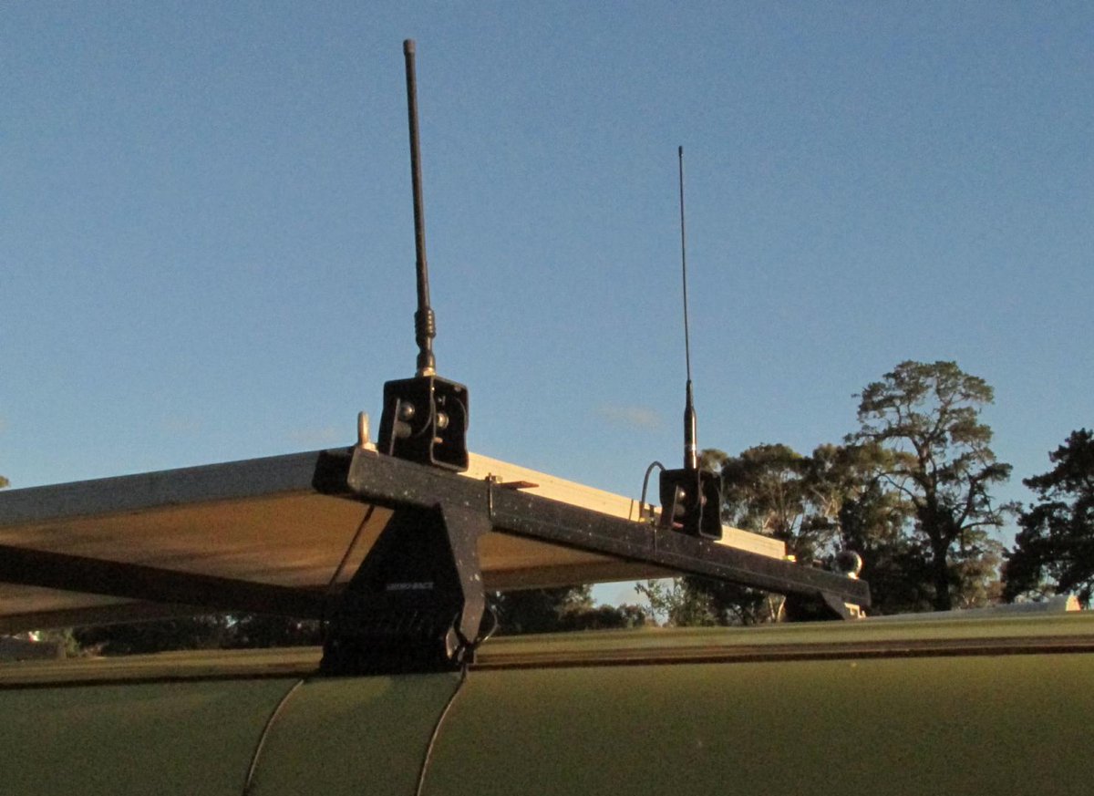 Hmm.. because of the capacitive bottom loading from the solar panel, the 146 MHz VHF antenna (rhs) is being pulled 10 megahertz out of tune.. I think I need to get a hold of a 156 MHz Marine antenna..