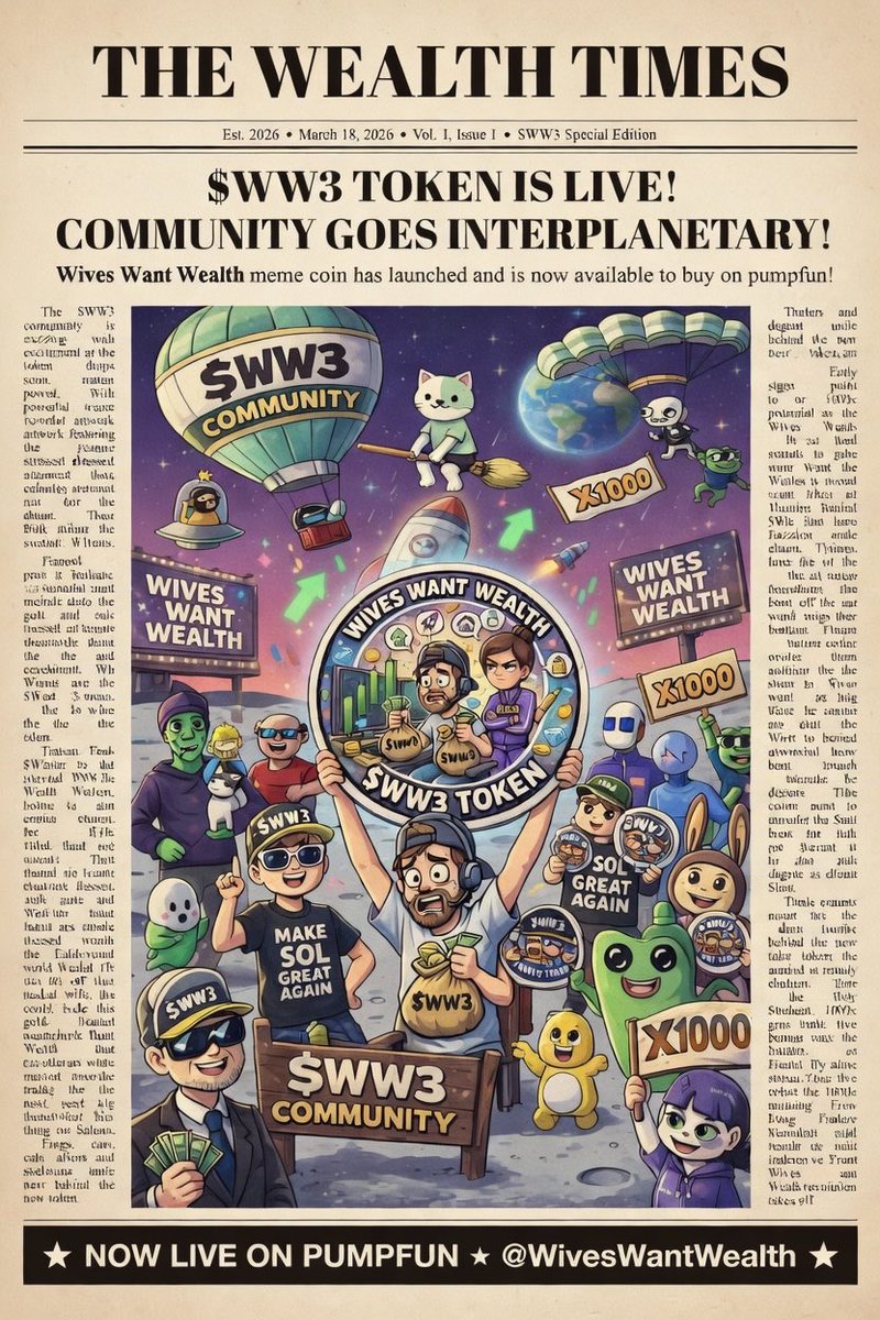 WivesWantWealth's tweet photo. 🚨 **THE VAULT IS OPEN** 🚨

**📰 THE WEALTH TIMES SPECIAL EDITION CONFIRMS IT: $WW3 IS NOW LIVE ON PUMPFUN!** 📰

The “Domestic Peace Treaty” has officially launched on the blockchain. 

Husbands, the wait is over — time to get out of the doghouse, smash the bonding curve, and secure that wife-changing wealth 💍📈

Load your wallets. Send the green candles. Let’s force this straight to Raydium!

👇 **OFFICIAL BUY LINK** 👇  
📊 https://t.co/3DcHGtC4zN

📝 **OFFICIAL CA:**  
`9WyVuqMjHkgfFMardD6NhVRWtCw33cZHDcpj4DyJpump`  
(Tap to copy straight into Phantom or your bots)

⚠️ **SAFETY WARNING:** Only use the exact CA above. Scammers are already launching fakes now that we’re live. Trust ONLY this.

Let’s build the ultimate marriage hedge, gents. See you on the chart! 🚀🔥

@WivesWantWealth