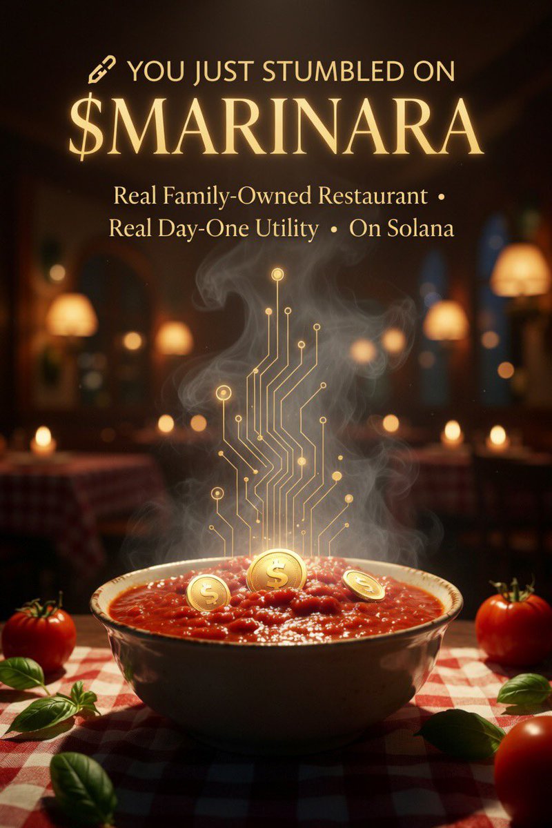 MarinaraSols's tweet photo. 🚨 You Just Stumbled on $MARINARA

This isn’t another meme coin.

It’s a Solana token with real, day-one utility at an actual family-owned Italian restaurant — the kind that’s been grinding for years.

Quick Facts

• Ticker: $MARINARA
• Chain: Solana (fast, cheap, built for real use)
• Launch: Fair launch on https://t.co/AR97EMFaga (CA drops at reveal)
• Tagline: Peer-to-Peer Electronic Marinara Sauce System

Made with Grok • Slow-simmered on Solana

Why This Feels Insane

From the second it launches, holders get actual restaurant perks:

• Flash your wallet → free 2oz premium marinara cups
• Pay for anything on the menu — pizza, pasta, apps, drinks, the full check — straight from your Solana wallet
• Zero fiat. Zero hassle. Pure on-chain spending at a real brick-and-mortar spot

Every transaction fee flows 100% back to the restaurant wallet. That money funds buybacks, marketing, merch, events, and expansion.

Built on Real Family Blood & Sweat
$MARINARA exists because of our family’s nonstop grind: the early mornings, late nights, recipe testing, customer feedback, and years of keeping a real restaurant alive.

This coin is the direct bridge between blockchain and that brick-and-mortar legacy. Every holder supports actual people, actual jobs, and sauce made fresh daily.

No VCs. No presale fluff. Just real utility tied to real hard work.

The Whitepaper

We dropped a full Bitcoin-style paper titled “A Peer-to-Peer Electronic Marinara Sauce System.”

Inside: mechanics, tokenomics, and a clear roadmap.

Roadmap
• Phase 1: Launch + restaurant perks live
• Phase 2: Scale partnerships & expansions
• Phase 3: Multiple locations
• Phase 4: Long-term ecosystem growth

Where We Are Right Now

Still early. 100% transparent. Organic growth only (~200 followers and climbing). Quality over hype.

Community = The Kitchen Crew — holders, builders, and anyone ready to help shape what’s next.

This one is built different.

Welcome to the table.