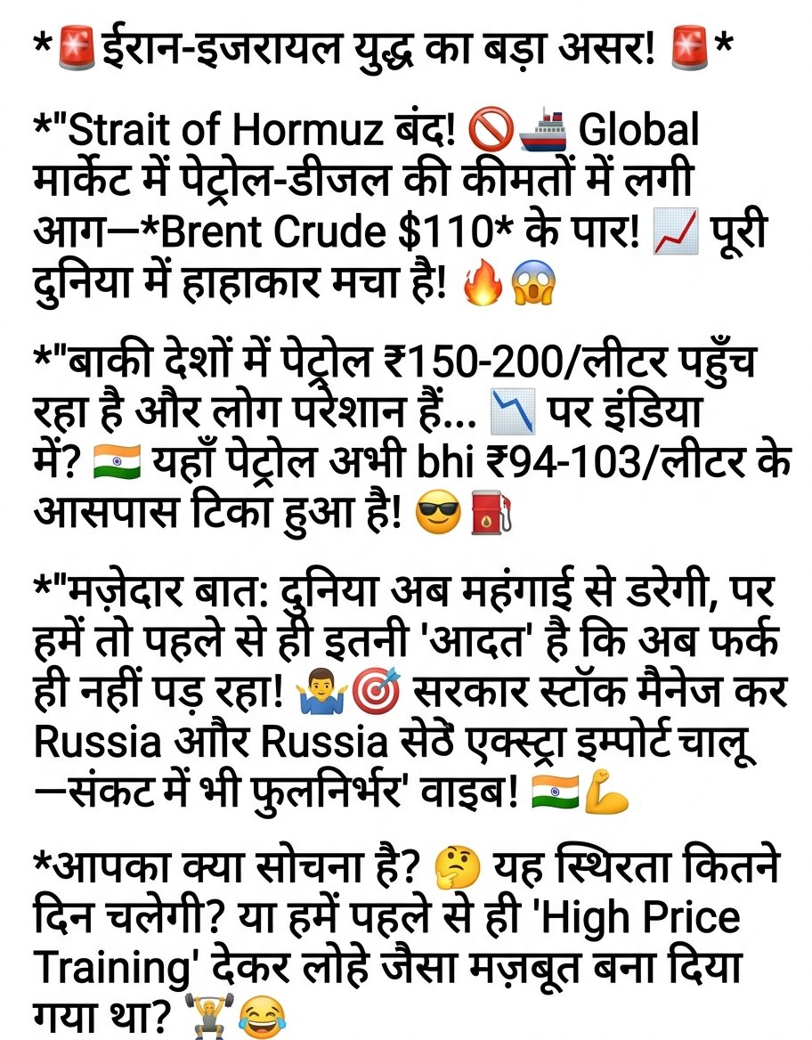 SmtHashmi's tweet photo. #IranIsrael #PetrolPrice #CrudeOil #Economy #India #AtmanirbharBharat #StockMarket #FuelPrice #Geopolitics #OilCrisis https://t.co/2VlIEFl1FC