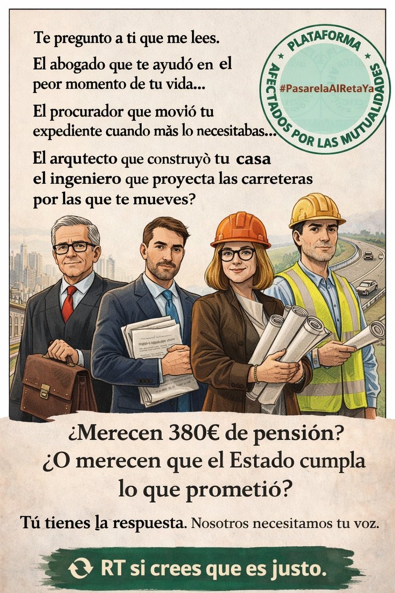 plataformareta's tweet photo. Te pregunto a tí que lees.
El abogado que te ayudó en el peor momento de tu vida…
El procurador, el arquitegoz el ingeniero...
¿Merecen 380€ de pensión?
¿O merecen que el Estado cumpla lo que prometió? Necesitamos tu voz.
🔁 RT si crees que es justo. ⬇️10/12 https://t.co/vvdhRifK8x
