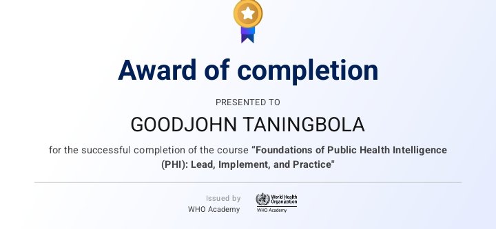 I just completed the Foundations of Public Health Intelligence (PHI) course by the <a href="/WHO/">World Health Organization (WHO)</a>
From learning to application… we move! 🧠🔥
This is just the beginning… 🔥
#PublicHealth #PHI