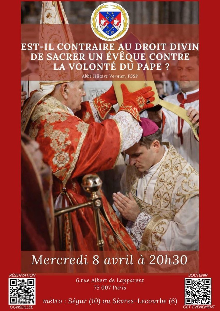 Conférence le 8 avril : « Est-il contraire au droit divin de sacrer un évêque contre la volonté du pape ? » ow.ly/vHYl106we6U