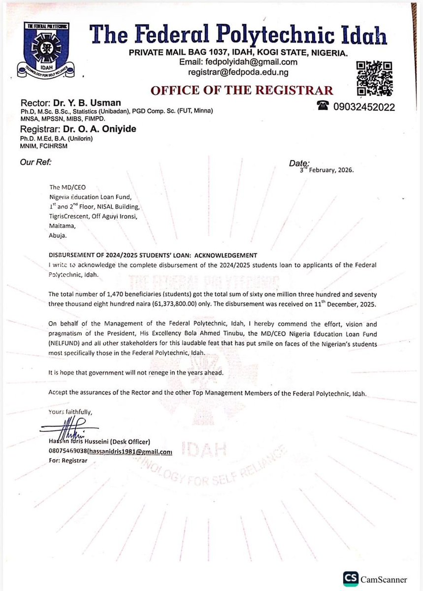 NELFUND's tweet photo. DISBURSEMENT ANNOUNCEMENT

The Nigeria Education Loan Fund is pleased to announce the successful disbursement of student loan funds to Federal Polytechnic Idah for the 2024/2025 academic session.

A total of ₦61,373,800 has been disbursed, benefiting 1,470 students of the institution. 

This milestone reflects NELFUND’s unwavering commitment to expanding access to higher education and supporting Nigerian students in achieving their academic goals.

#NELFUNDSTUDENTLOAN