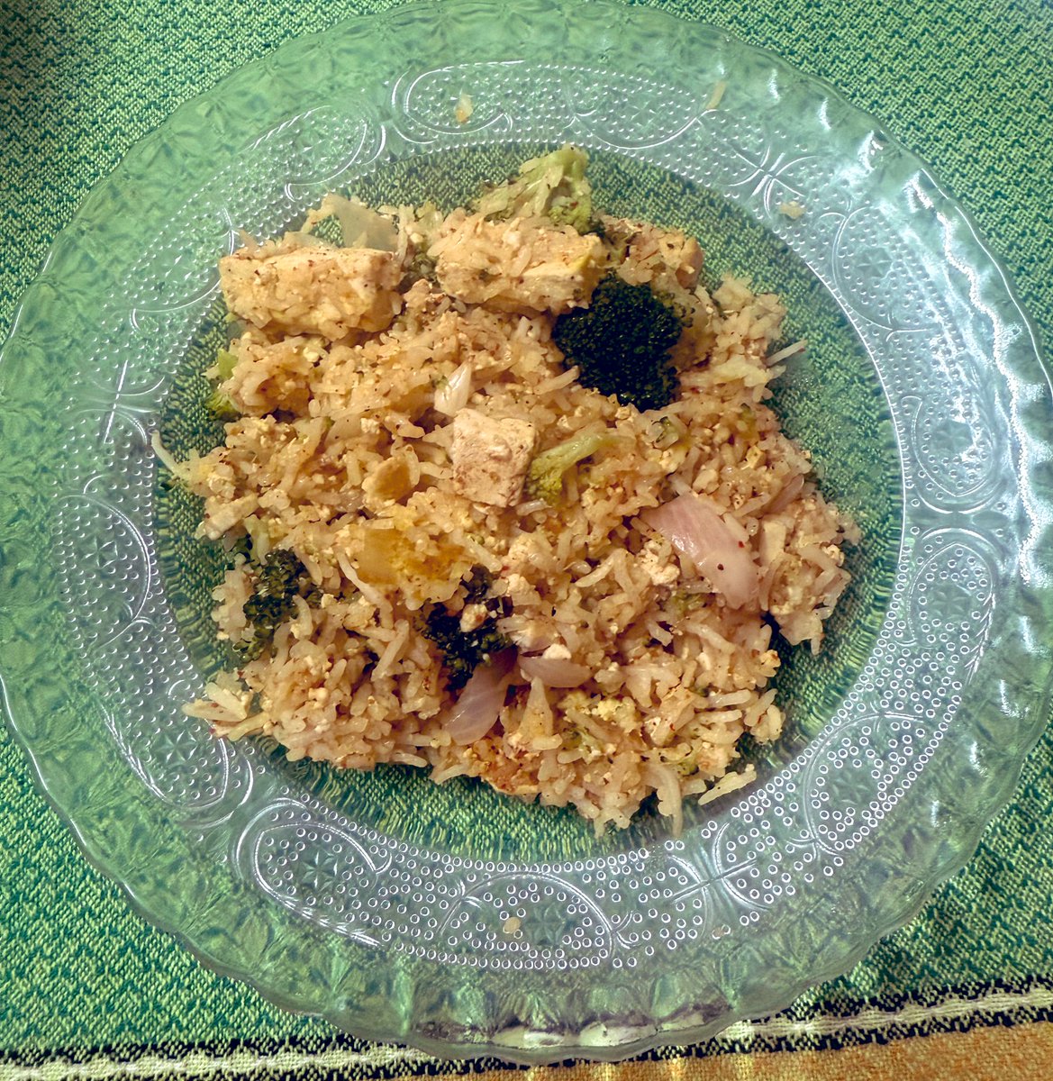 Rice + tofu + veggies .
What should I pair it with?