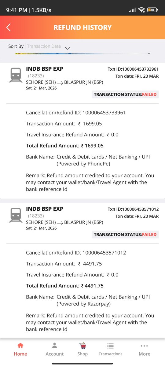 shankarkwt's tweet photo. @RailMinIndia @IRCTCofficial @RailwaySeva ये दोनों रिफंड अभी तक अकाउंट में नहीं आया है क्या कारण हैं https://t.co/ixKzfPGLU9