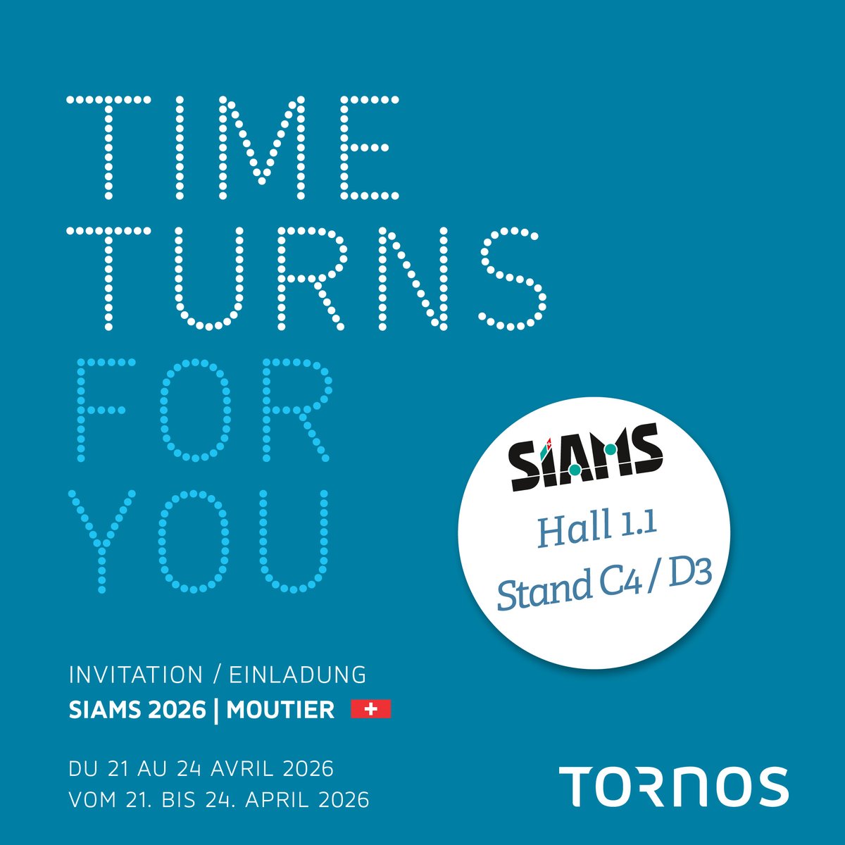 tornosgroup's tweet photo. Time turns for you.
Retrouvez Tornos au SIAMS 2026 à Moutier.
📍 Hall 1.1 – Stand C4/D3
📅 21–24 avril
🎟️ Billet : https://t.co/40IuVoEYCW
#SIAMS #Tornos https://t.co/HPjlugcAqx