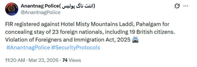 JammuTribune's tweet image. FIR registered against Hotel Misty Mountains Laddi for concealing stay of 23 foreign nationals, including 19 British citizens, says Anantnag Police.
#Pahalgam #Anantnag #Police