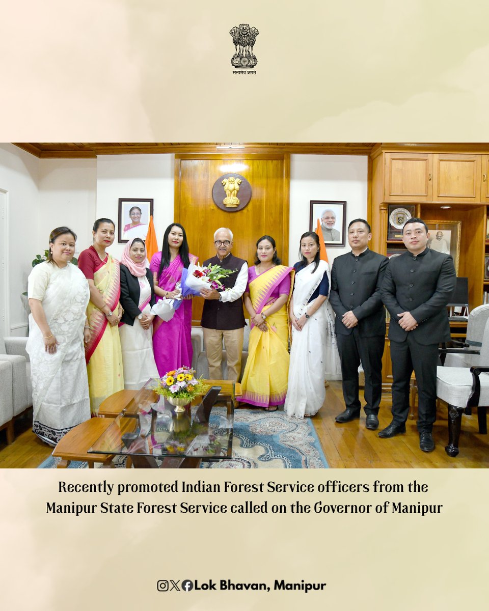 LokBhavManipur's tweet image. Indian Forest Service officers, recently promoted from the Manipur State Forest Service, called on the Governor of Manipur. The Governor extended his best wishes and emphasised their crucial role in preserving Manipur’s rich ecological heritage.

#IFS #Manipur #GovernorOfManipur