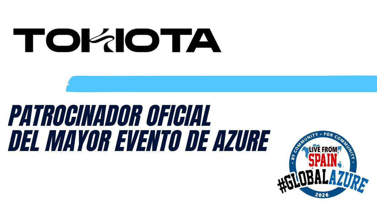 GlobalAzureES's tweet photo. Siempre es una alegria contar con Tokiota (@tokiota_IT), el partner para proyectos en la nube que hace fácil lo difícil, como patrocinador oficial de la Global Azure Spain 2026.

🎟️ Entradas: https://t.co/lOIS8KPMe9

#GlobalAzure2026 #Microsoft #Azure #TechCommunity https://t.co/u6cIghMhOf