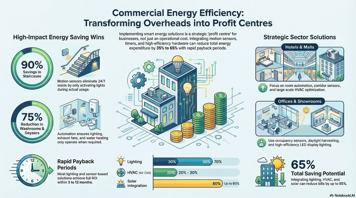 samanbontu's tweet photo. 🚨⚡ Turn Your Electricity Cost into PROFIT!
👉 Check your savings instantly (FREE):
🌐 https://t.co/OoztRhYrFa

Are your business energy bills silently eating your margins? 💸
You could be losing 35%–65% of your energy spend without even realizing it.

📊 Commercial Energy Efficiency = Smart Profits
Most commercial spaces waste energy due to:
❌ Lights running 24/7
❌ No motion/occupancy sensors
❌ Inefficient HVAC systems
❌ Poor energy monitoring
👉 Result: High overheads, low profitability

💡 High-Impact Savings Opportunities
🔹 Up to 90% Savings in Staircases
(Motion sensors = lights only when needed)
🔹 Up to 75% Reduction in Washrooms & Utilities
(Automation for lights, exhaust & water heating)
🔹 Smart Lighting + HVAC Optimization
(Cut unnecessary consumption instantly)

🏢 Best Solutions by Sector
🏨 Hotels & Malls
✔ Corridor automation
✔ Room energy control
✔ HVAC optimization

🏢 Offices & Showrooms
✔ Occupancy sensors
✔ Daylight harvesting
✔ Smart LED lighting

⚡ Massive Saving Potential
📉 Lighting: Up to 70%
📉 HVAC: 20%–30%
📉 Solar Integration: Up to 80%
👉 Total Savings Potential: 65%+
⏱ Fast ROI
Most businesses recover investment in just
👉 3 to 12 months
📈 Stop Treating Electricity as Expense
👉 Start treating it as a Profit Centre 💰

🏢 Perfect For:
• Offices • Hotels • Hospitals • Retail • Industries

💡 Why GLOLED?
✨ Smart Energy Experts
✨ End-to-End Solutions
✨ Proven Commercial Projects
✨ Certified & Trusted

📍 Kukatpally, Hyderabad
📞 9553550700
🌐 https://t.co/QPrdsE4NkR
👉 Comment “AUDIT” for a FREE energy analysis ⚡
👉 DM “SAVE” to reduce your bills 💰
#CommercialEnergy #EnergyEfficiency #ReduceElectricityBill #SmartLighting #EnergySavings