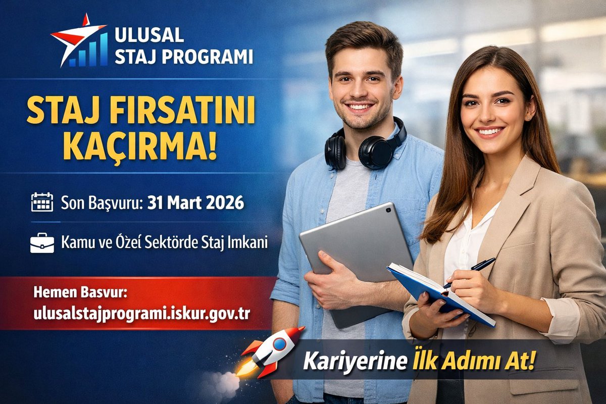 guncelogrenci's tweet photo. 📢 Gençler dikkat!

Ulusal Staj Programı başvuruları için SON GÜNLER!

📅 Son tarih: 31 Mart 2026
Kamu + özel sektörde staj fırsatı 🚀

Geç kalmadan başvur 👇
🔗 https://t.co/PJtsPTQK4R

#Staj #Gençlik #Kariyer #Fırsat https://t.co/NL5CsGlGRT