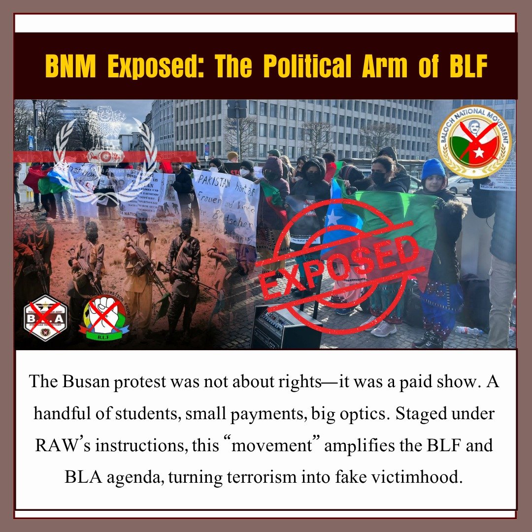 kakar_uzma's tweet photo. BNM Exposed: The Political Arm of BLF

The Busan protest was not about rights—it was a paid show. A handful of students, small payments, big optics. Staged under RAW’s instructions,

#BNMExposed
@BnmWelfare
#StopPropaganda
#IndianProxy
#BLF_BLAProxy
#Balochistan https://t.co/tUWGauq0CK