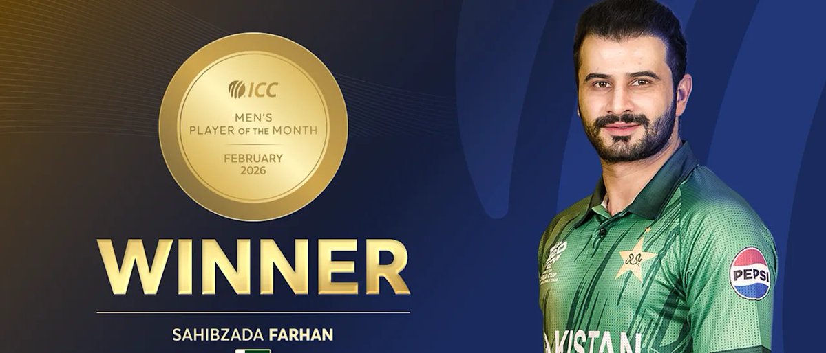 TheRealPCB's tweet photo. .@RealSahibzada is the ICC Men's Player of the Month for February 2026🏆

🌟 He topped the run charts at the ICC #T20WorldCup, scoring 383 runs in six innings, including two centuries and two fifties 👏 https://t.co/ZTGBavMVeZ