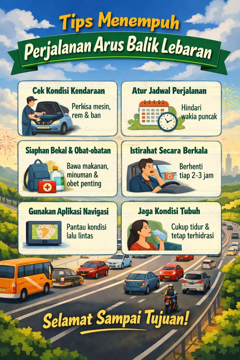 RastianaSe5849's tweet image. Badan fit, kendaraan siap. Jangan paksa nyetir kalau lelah. Keselamatan nomor satu! 💪🛣️ #TipsMudik