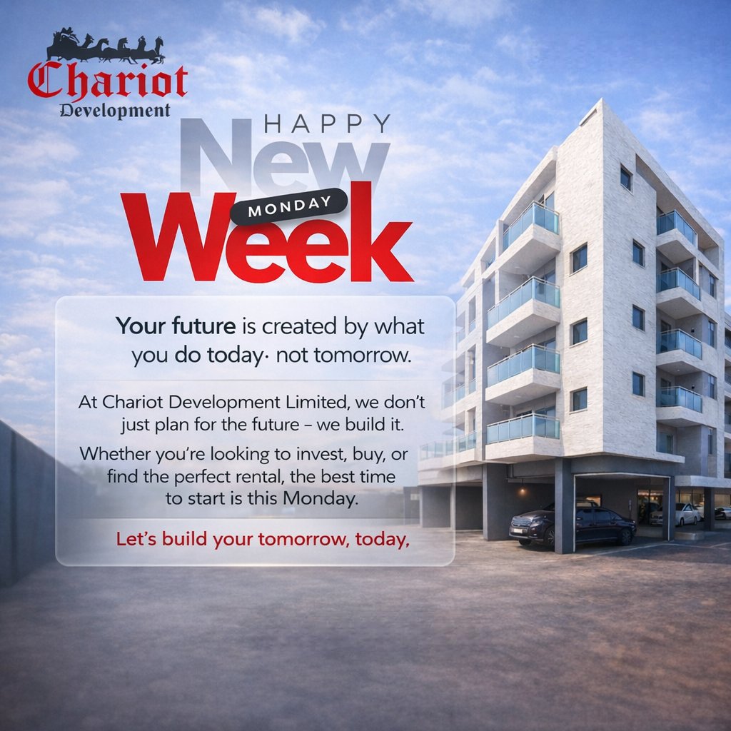 ChariotDevLtd's tweet photo. New week. Fresh focus. Stronger moves.
Your future is created by what you do today, not tomorrow.
At Chariot Development Limited, we don’t just plan we build.
This Monday is your opportunity to start right.
Let’s build your tomorrow, today. https://t.co/fYXdH4Mppy