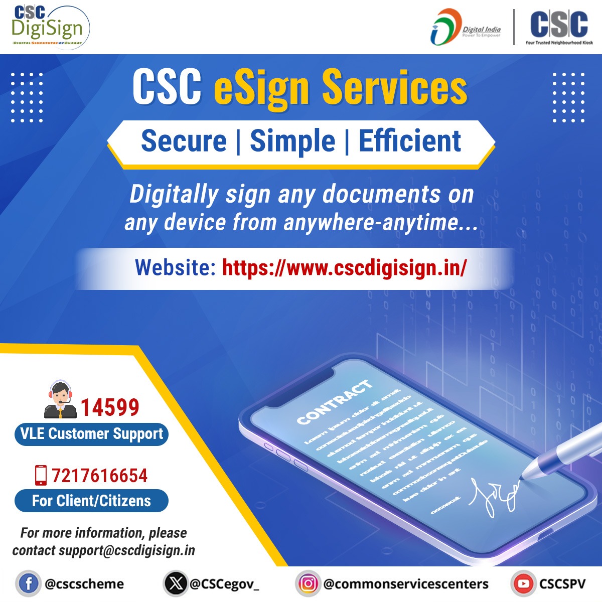 CSCegov_'s tweet photo. Say goodbye to traditional paperwork stress & #GoDigital with #CSCeSign Service.

CSC eSign Service brings you a smooth #paperless experience.

To avail eSign Service, visit: https://t.co/LU5MEZOPt0

For more information, contact us at support@cscdigisign.in or call us at 14599 (For VLEs) & 7217616654 (For Clients/Citizens).

#CSC #DigitalIndia #DigitalSignature #eSign #DigitalInclusion #CSCeSignService #CSCeSignService #GoDigital #CSCDigiSignService