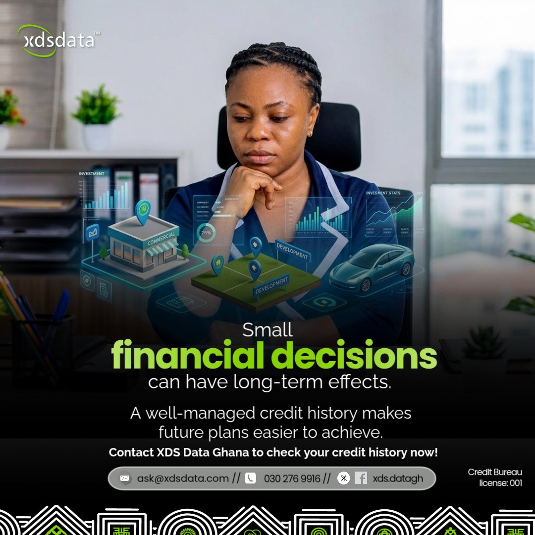 Small financial decisions can have long-term effects.

A well-managed credit history makes future plans easier to achieve.

Contact XDS Data Ghana to check your credit history now!

#FastService 
#CreditReport
#XDSDataGhana