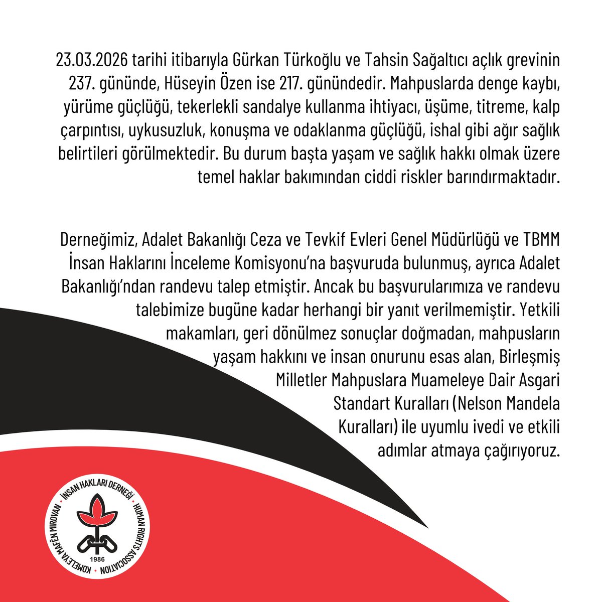 Antalya Yüksek Güvenlikli Ceza İnfaz Kurumu’nda bulunan mahpuslar Gürkan Türkoğlu, Tahsin Sağaltıcı ve Hüseyin Özen vekilleri aracılığıyla derneğimize başvurmuştur. Başvuru üzerine gerçekleştirilen görüşmelerde; Yüksek Güvenlikli Hapishanede uygulanan ağır izolasyon koşullarının