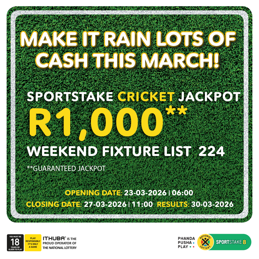 sa_lottery26's tweet photo. Here are the #SPORTSTAKE CRICKET #FixtureResults, #Dividends for list 223 & #Fixturelist 224 with a GUARANTEED Jackpot of R1,000.
Congratulations to the winner of R1,141 You are #InjaYeGame.
Players must be 18 years or older, play responsibly. https://t.co/DzZaCCOg5v