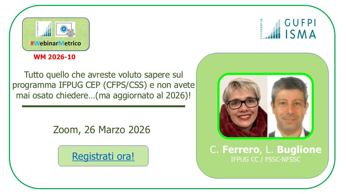 GUFPI_ISMA's tweet photo. #26marzo #WebinarMetrico @GUFPI_ISMA con #CinziaFerrero e #LuigiBuglione parlando delle novità del programma @IFPUG #CEP per #CFPS e #CSS.
https://t.co/3b6pnd8c4l
#ContaChiConta #Network #Certificazioni @lbu_measure https://t.co/llYa2prTQs
