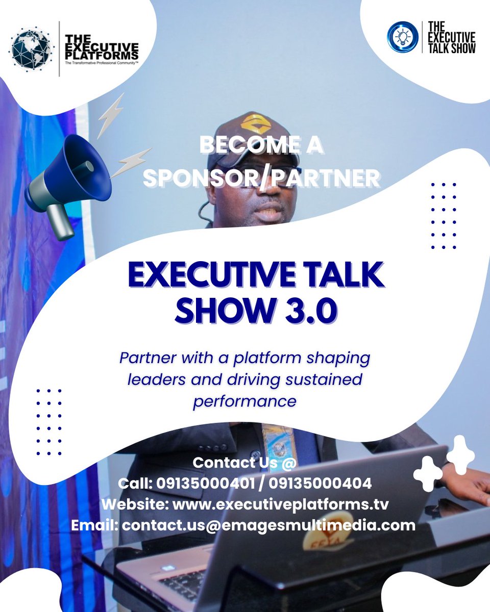 exeplatform's tweet photo. The brands sponsoring leadership platforms today are the ones dominating industries tomorrow.

Executive Talk Show 3.0 is open for Sponsors &amp; Partners.

Call: 09135000401 / 09135000404
Email: contact.us@emagesmultimedia.com

#ETS #SponsoredPost #eventsponsorship https://t.co/dzb2okQhJP
