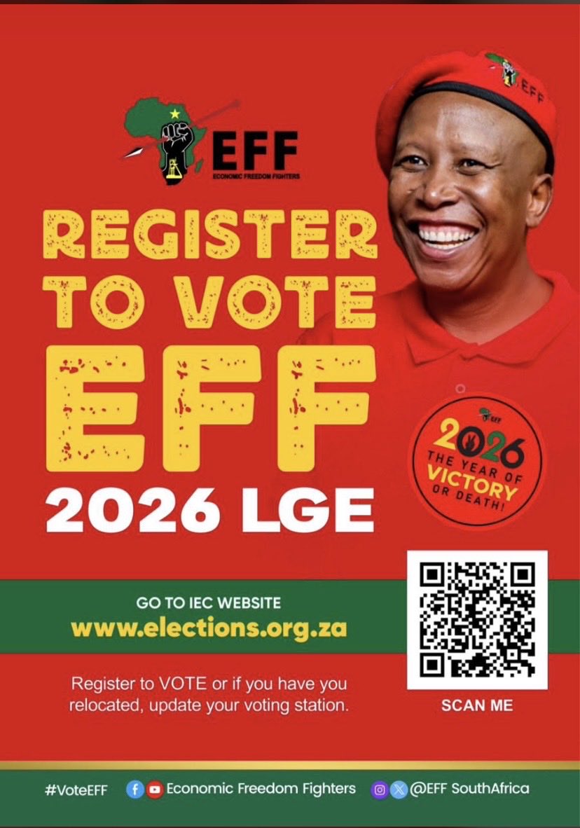 #RegistertoVote #VoteEFF 

You can also Visit: registertovoteeff.org.za and follow the simple steps to complete your registration.