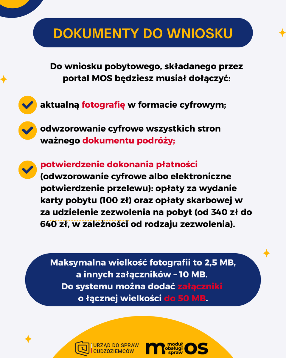UdSC_gov_pl's tweet photo. 📑Już teraz sprawdź czy masz wszystkie dokumenty niezbędne do złożenia wniosku o udzielenie zezwolenia na pobyt przez nowy portal MOS!

Do elektronicznego wniosku będziesz musiał załączyć:
✅aktualną fotografię w formacie cyfrowym – fotografia musi spełniać określone wymogi, więcej informacji: https://t.co/CSkFIQgMYg
✅odwzorowanie cyfrowe (skan albo zdjęcie w dobrej jakości) wszystkich stron ważnego dokumentu podróży;
✅potwierdzenie dokonania płatności (odwzorowanie cyfrowe albo elektroniczne potwierdzenie przelewu): opłaty za wydanie karty pobytu (100 zł) oraz opłaty skarbowej w za udzielenie zezwolenia na pobyt (od 340 zł do 640 zł, w zależności od rodzaju zezwolenia).
Maksymalna wielkość fotografii to 2,5 MB, a innych załączników – 10 MB. Do systemu można będzie dodać załączniki o łącznej wielkości do 50 MB.