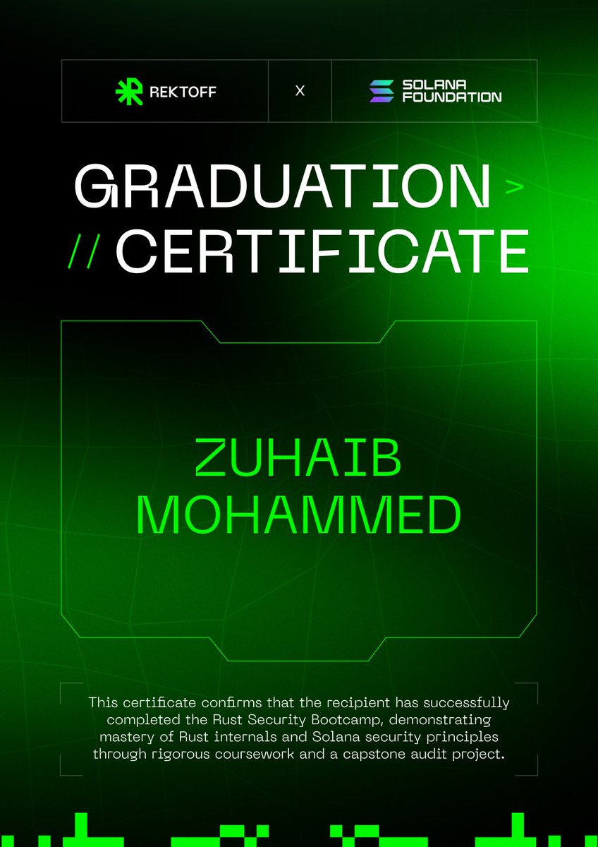 zuhaib44's tweet photo. New skill unlocked 🔓🔥
Time to hunt Solana Rust security bugs ⚡️🦀
Huge thanks to @m4rio_eth 🙌 and @danielkcumming 💡
and to @rektoff_xyz for organizing the bootcamp training 🚀
Solana bugs, here I come 👀🐛💥
#Solana #Rektoff @solana_devs https://t.co/IVk3YtoeZk