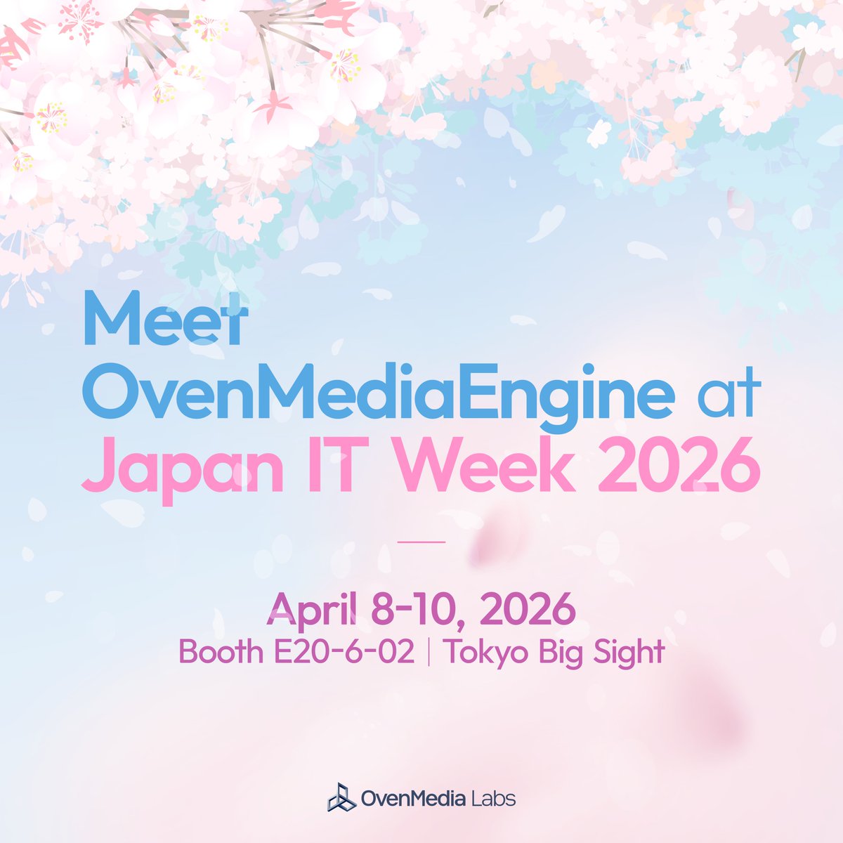 OvenMediaEngine's tweet photo. #OvenMediaEngine will be at Tokyo Spring Show!
Visit our booth E20-6-02 at Tokyo Big Sight and discover ultra-low latency, greater stability, a flexible approach to live streaming operations, and more.
#OvenMedia #OvenMediaLabs #TokyoSpringShow #JapanITWeek #LiveStreamingServer https://t.co/Xb5ZpZnUwb