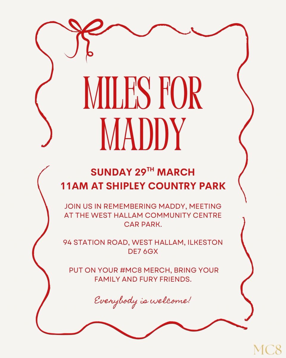 MC8_Foundation's tweet photo. MILES FOR MADDY 👉🏼 THIS SUNDAY. ❤️

We’re bringing back our popular walk in honour of Maddy, organised by our cousin and fundraising team member, Emily. 🙌🏼

SUNDAY 29TH MARCH. ‼️

11am meet at the West Hallam Community Centre, raising awareness of @themaddycusackfoundation. https://t.co/aIonuM0Xvh