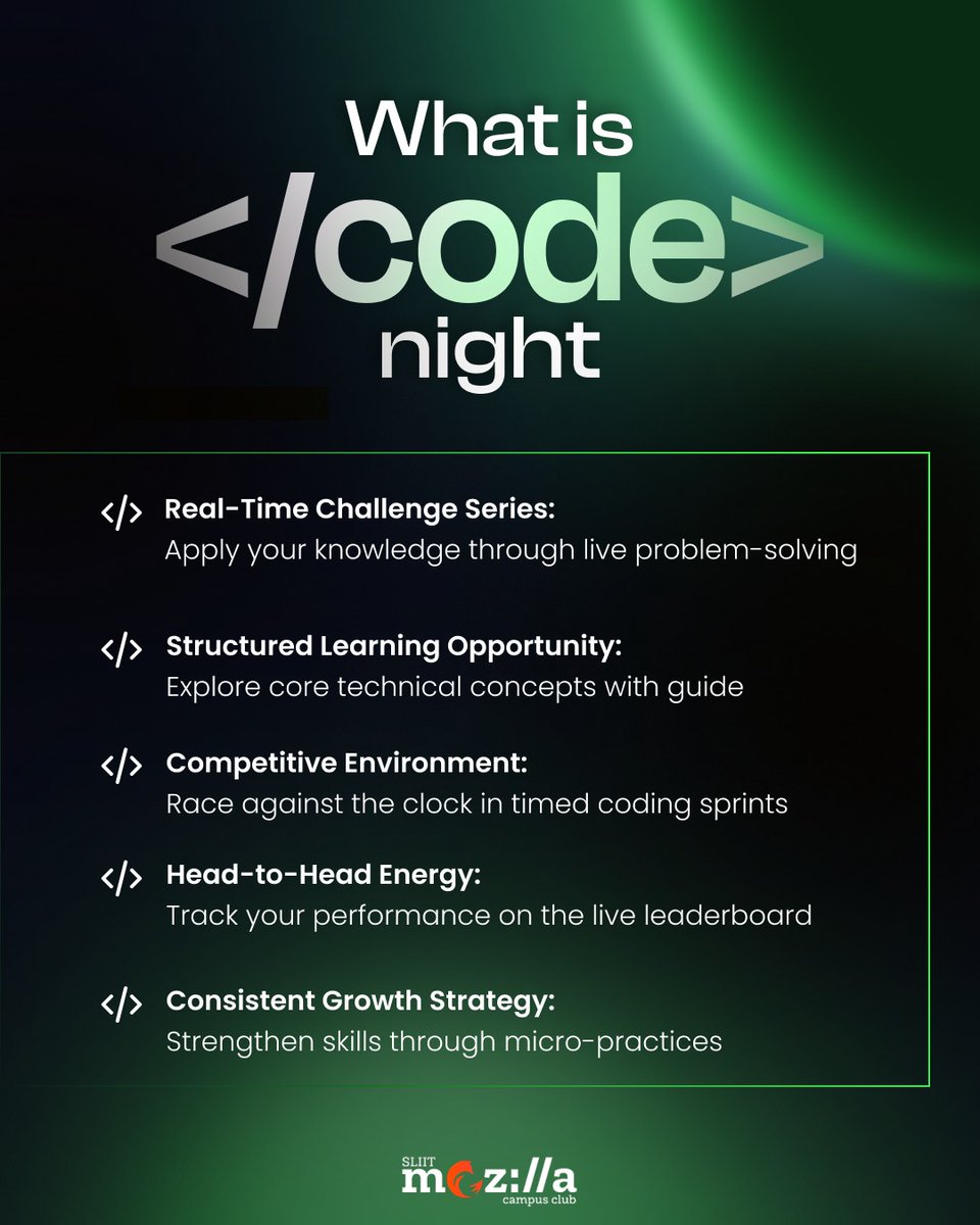 mozillasliit's tweet photo. So, what is *Code Night?*

A space where learning meets challenges,
where ideas turn into solutions,
and where consistency drives growth.

*Think in code. Act in challenges.*

#CodeNight #ComingSoon #SLIITMozilla https://t.co/YSuKE3GH1d