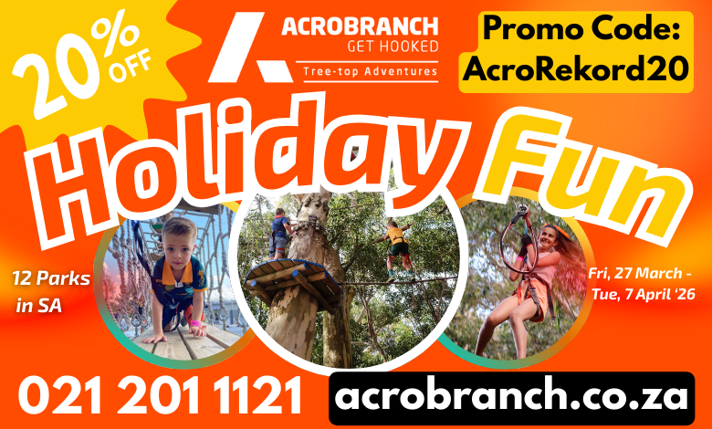 RekordNewspaper's tweet image. AD | Get 20% OFF at @Acrobranch this holiday! 🌲✨
Use code: AcroRekord20 Valid: 27 Mar – 7 Apr 2026
Enjoy zip-lining &amp;amp; climbing at 12 SA parks. Fun for ages 3 to adults! 🧗‍♂️💨
📞 021 201 1121 🌐 acrobranch.co.za
#acrobranch #adventure #holidayfun #gethooked